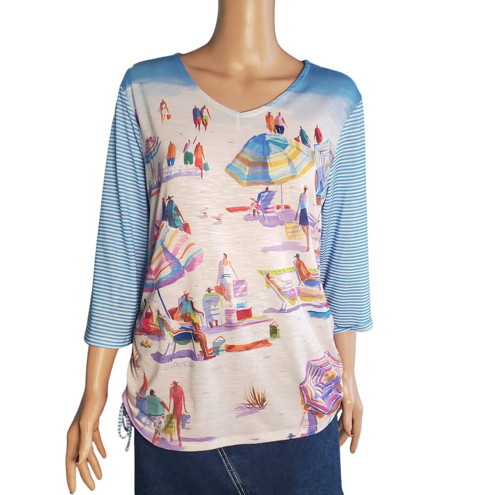Ellen Negley Size L T Shirt Top Women's Blue Beach Art Wearable Nautical Ruched